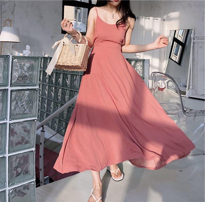 Spaghetti Strap Plain Open Back Maxi Sundress Product Image