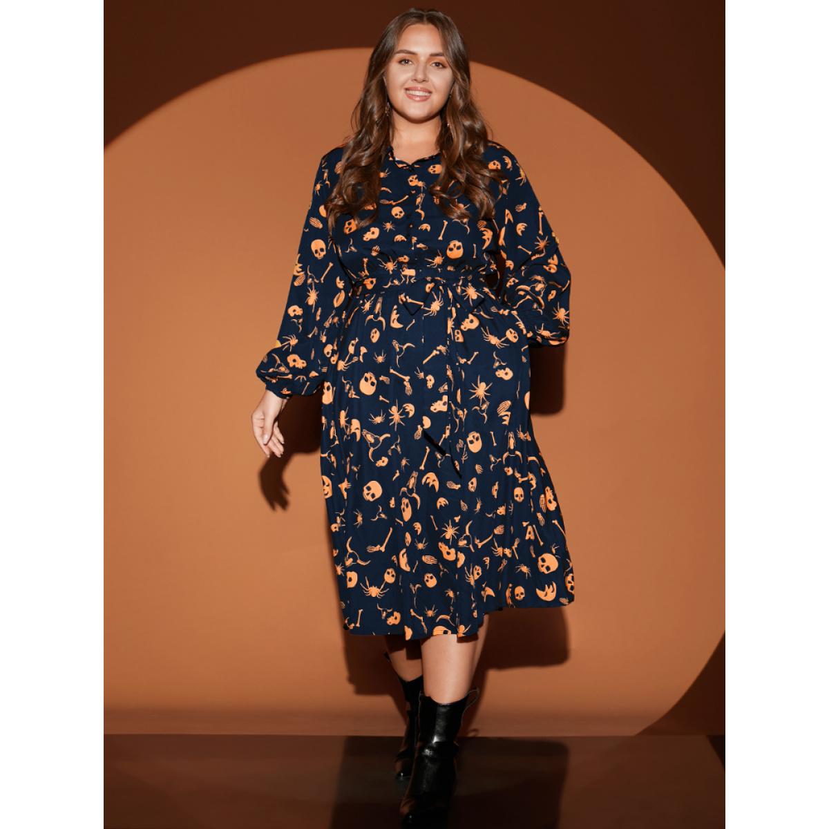 Plus Size Halloween Print Shirt Collar Pocket Button Up Belted Flutter Dress DarkBlue Women Elegant Printed Shirt collar Long Sleeve Curvy Midi Dress BloomChic 26/4X Product Image