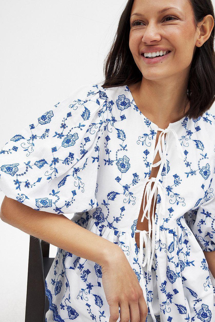 Embroidered Contrast Tie Front Blouse Product Image