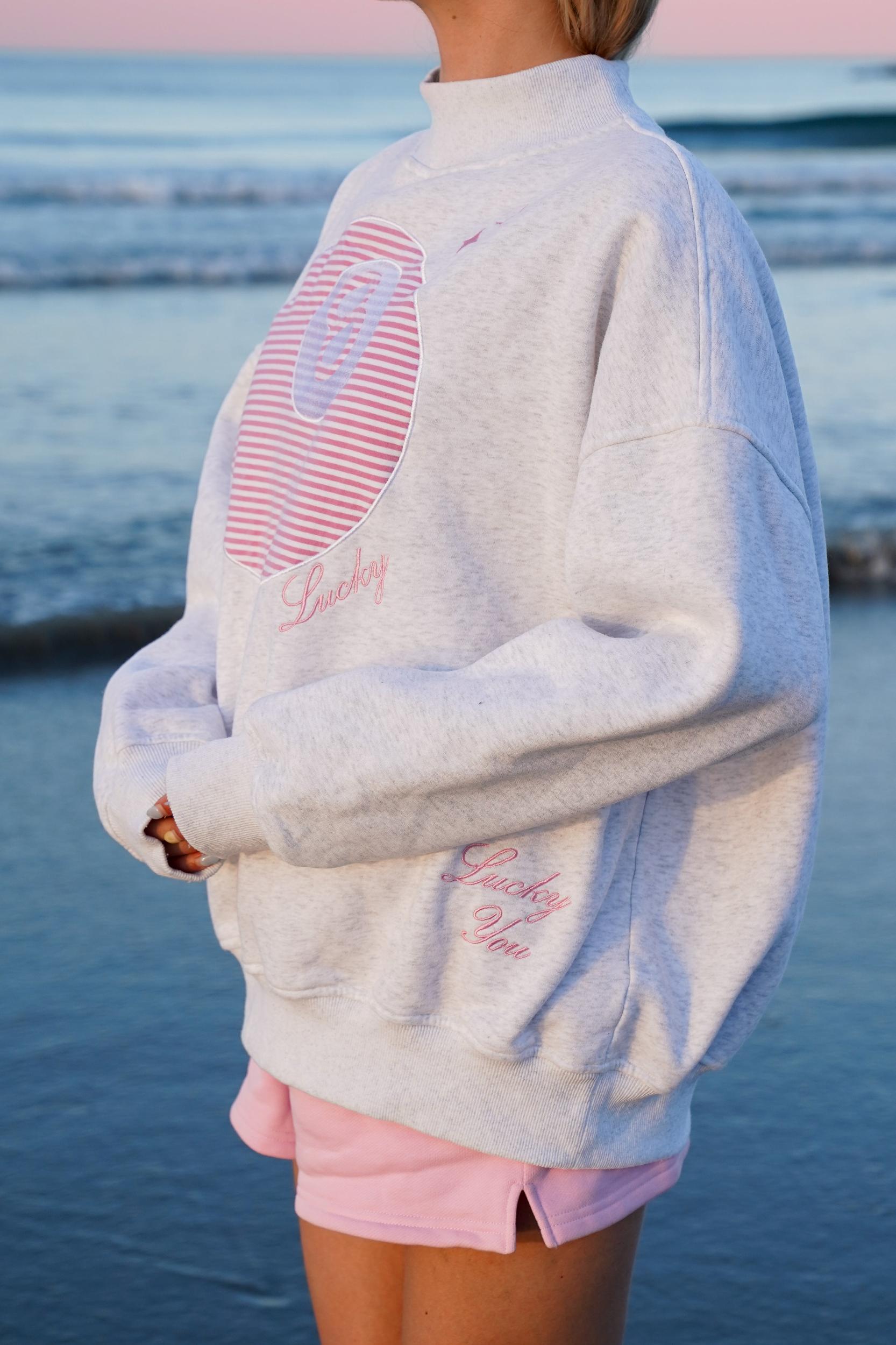 Pearl Grey Lucky You 8 Ball Mockneck Embroider Sweatshirt Product Image