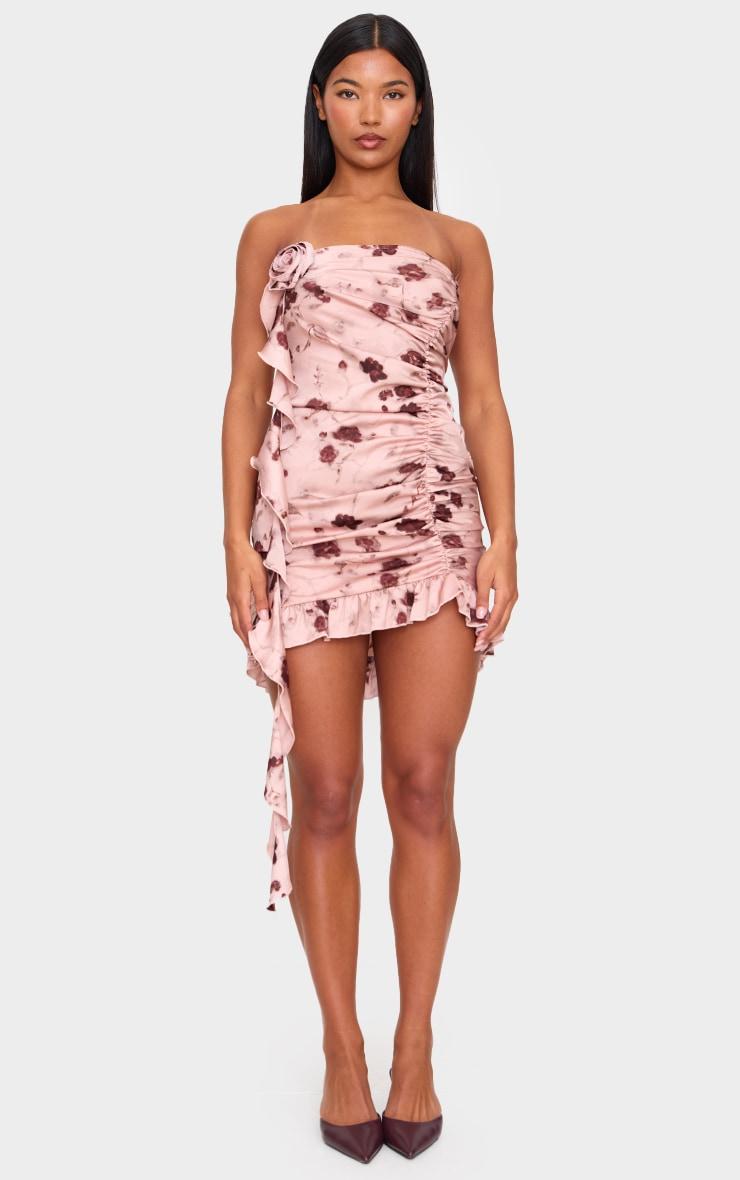 Light Pink Floral Satin Rose Detail Mini Dress Product Image