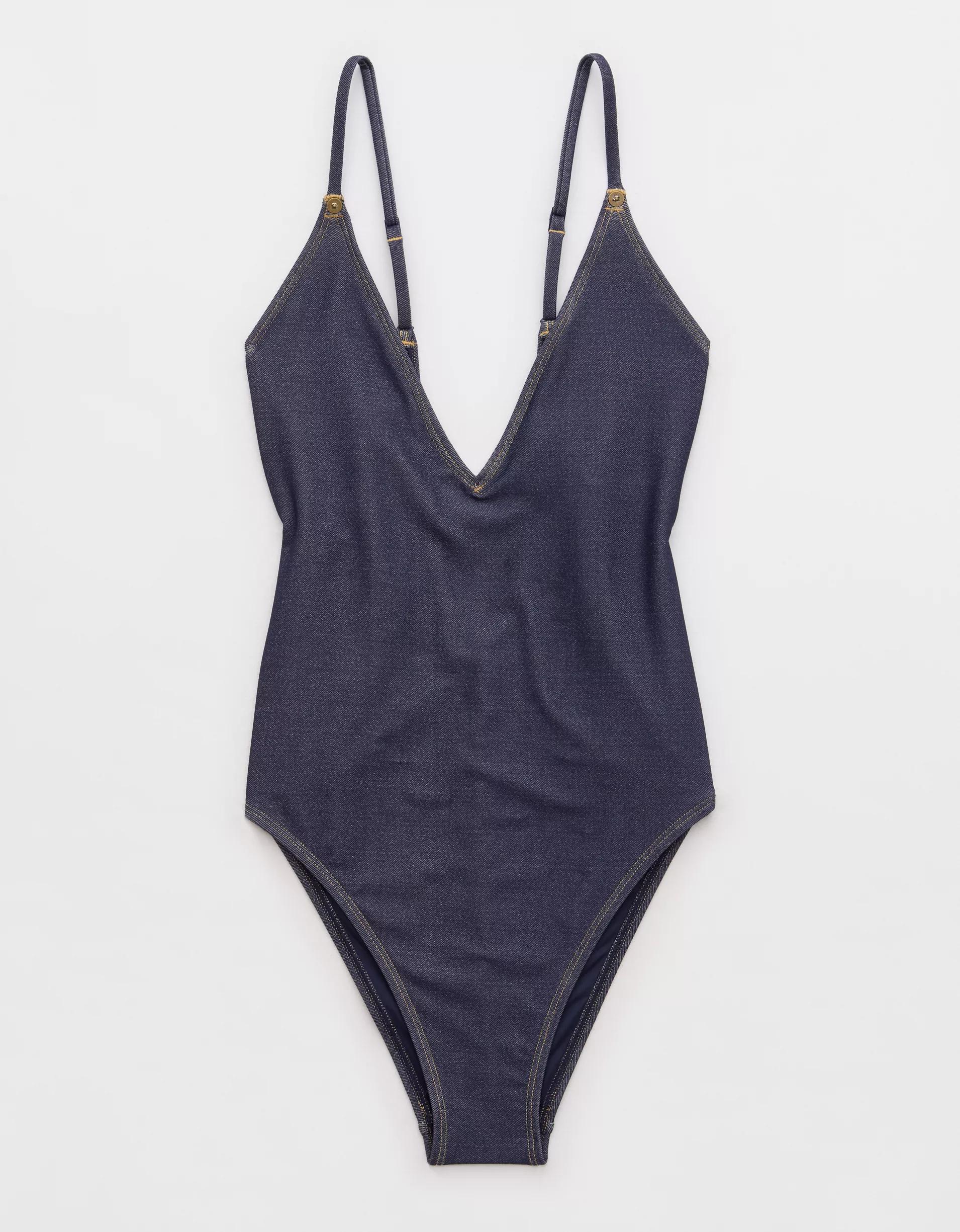 AE x Aerie Match Made In Denim Plunge Cheekiest One Piece Swimsuit Product Image