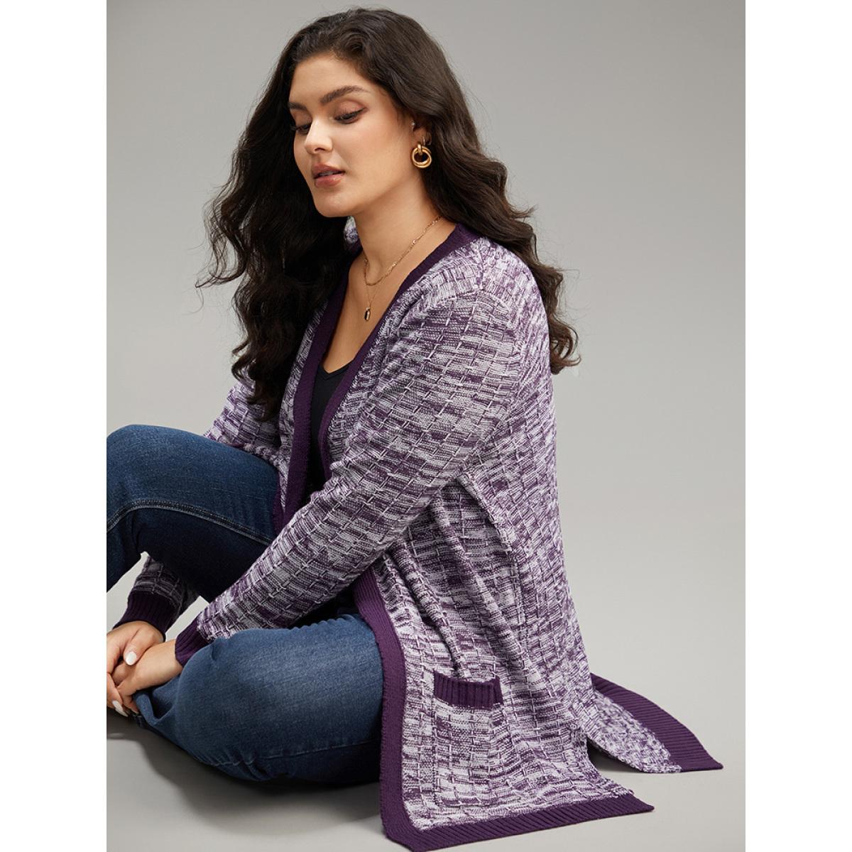 Plus Size Heather Split Side Patched Pocket Cardigan Eggplant Women Casual Loose Long Sleeve Dailywear Cardigans BloomChic 26/4X Product Image