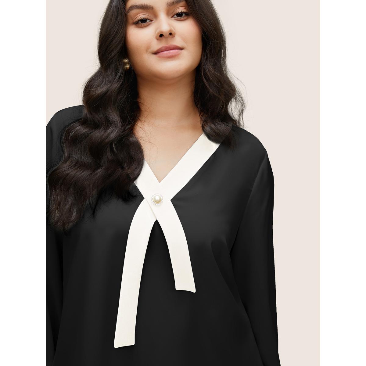 Plus Size Black Contrast Pearl Decor Tie Decoration Blouse Women At the Office Long Sleeve V-neck Office Blouses BloomChic 18-20/2X Product Image