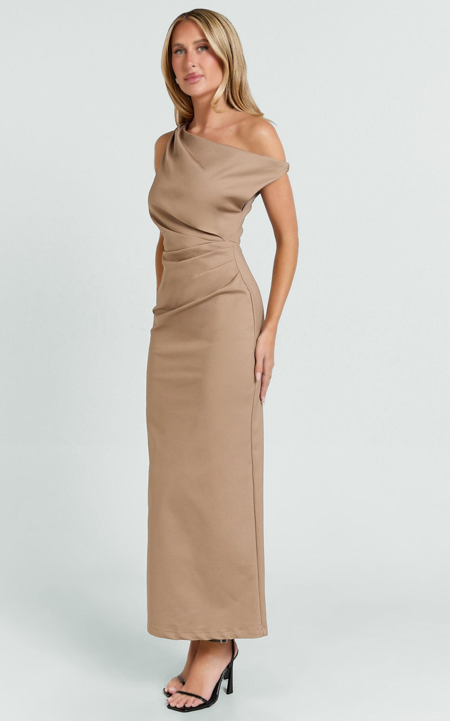 Alexandria Midi Dress - Tip Shoulder Draped Fitted Dress in Mocha Product Image
