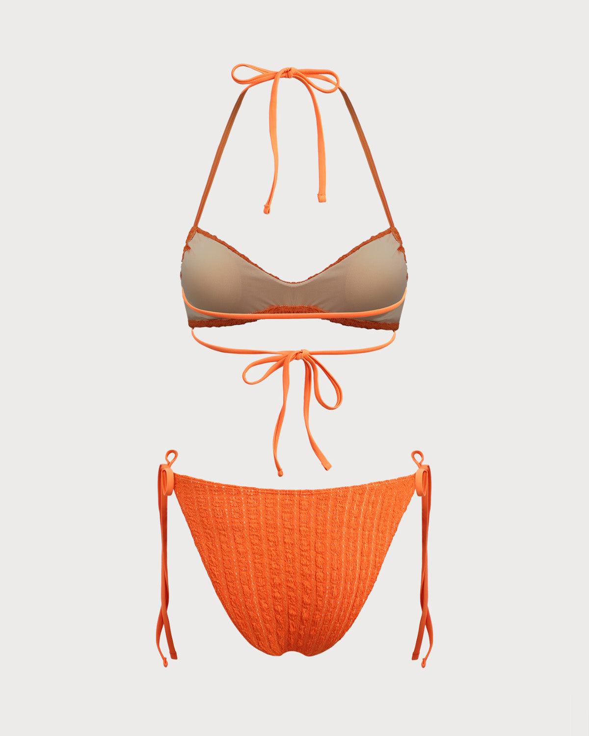 Orange Textured Drawstring Bikini Set Product Image