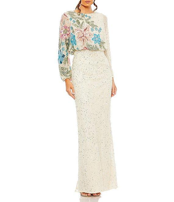 Mac Duggal Floral Beaded Sequin Long Sleeve Blouson Gown Product Image