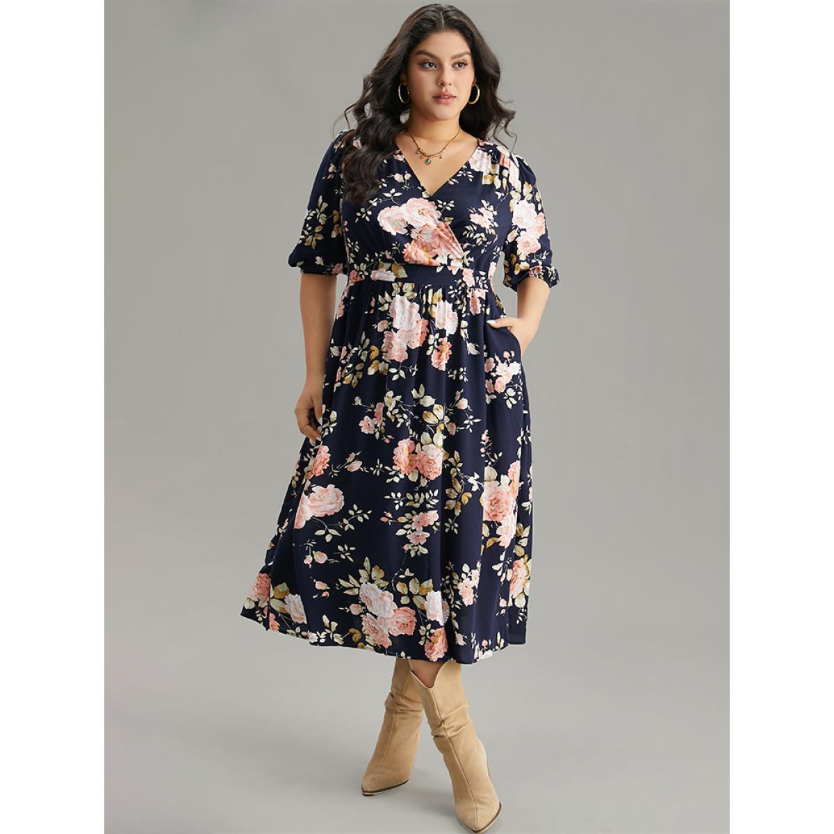 Plus Size Floral Print Pleated Ties Wrap Lantern Sleeve Dress DarkBlue Women Vacation Elastic cuffs Overlap Collar Half Sleeve Curvy Midi Dress BloomChic 14-16/1X Product Image