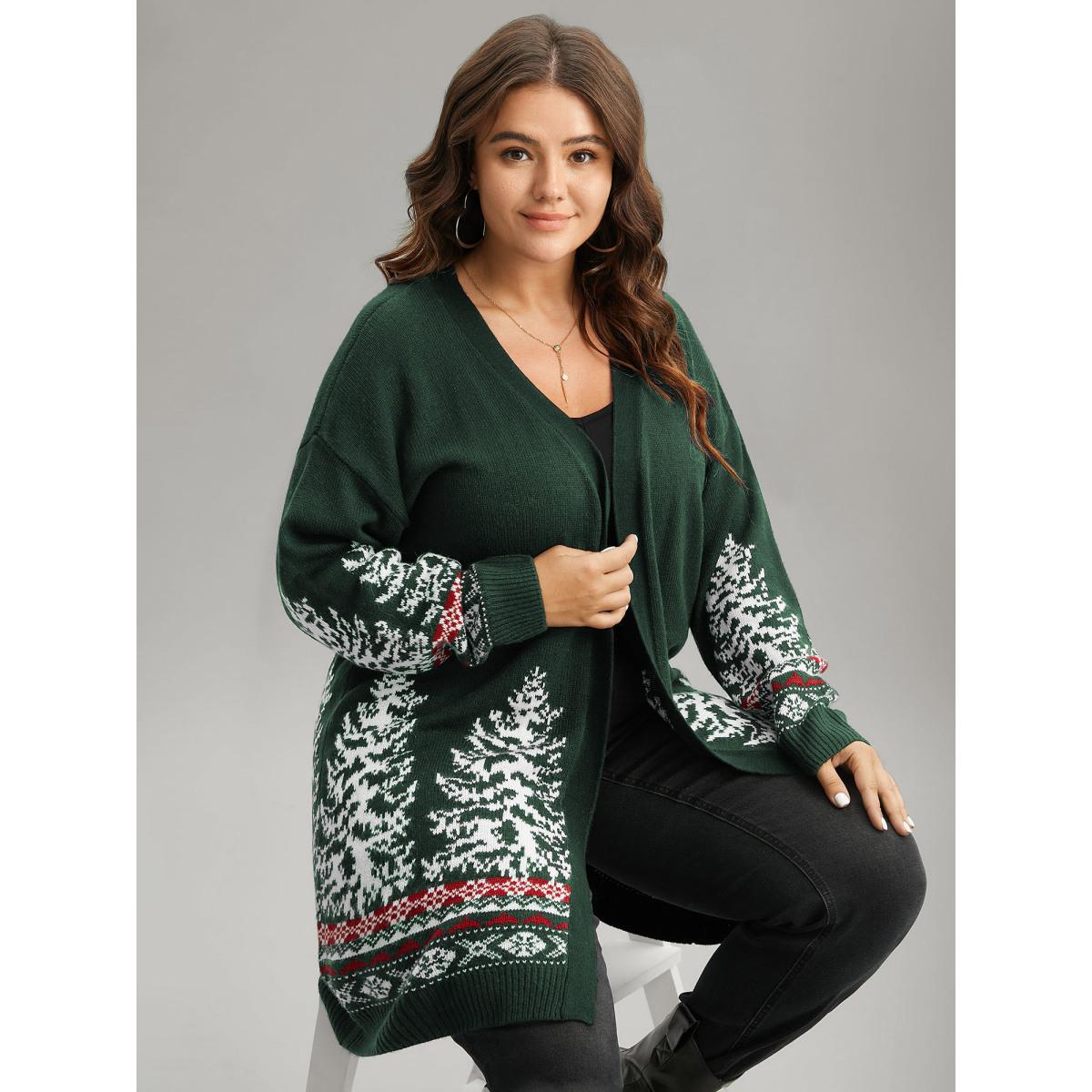 Plus Size Christmas Trees Contrast Cardigan DarkGreen Women Casual Loose Long Sleeve Festival-Christmas Cardigans BloomChic 12/L Product Image