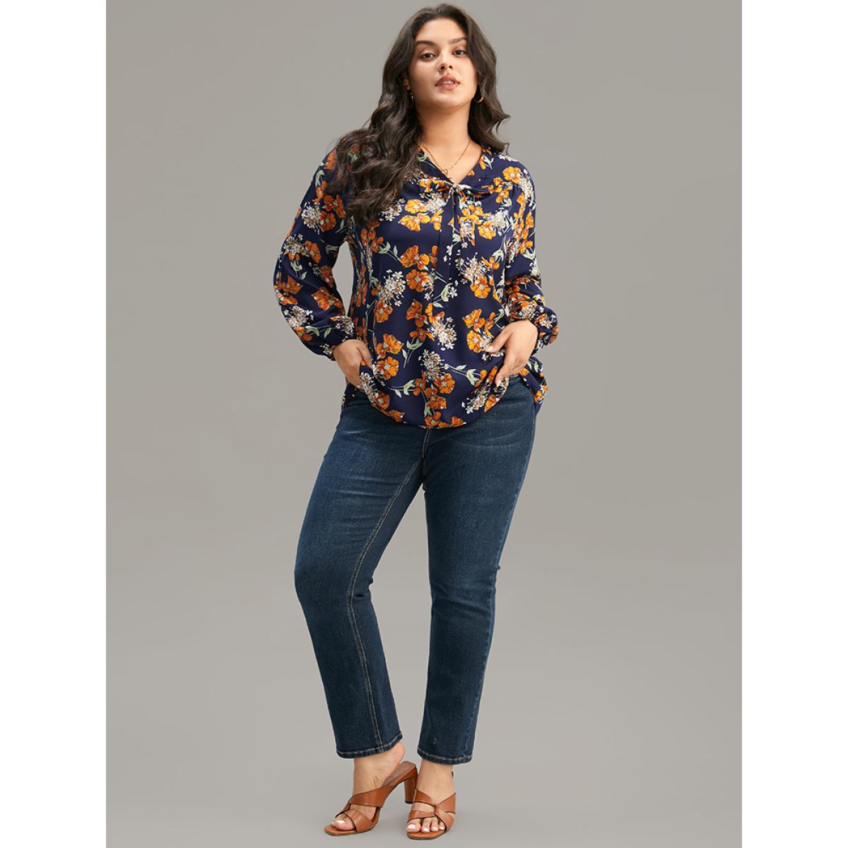 Plus Size Indigo Floral Print Bowknot Ties Lantern Sleeve Blouse Women Elegant Long Sleeve V-neck Dailywear Blouses BloomChic 14-16/1X Product Image