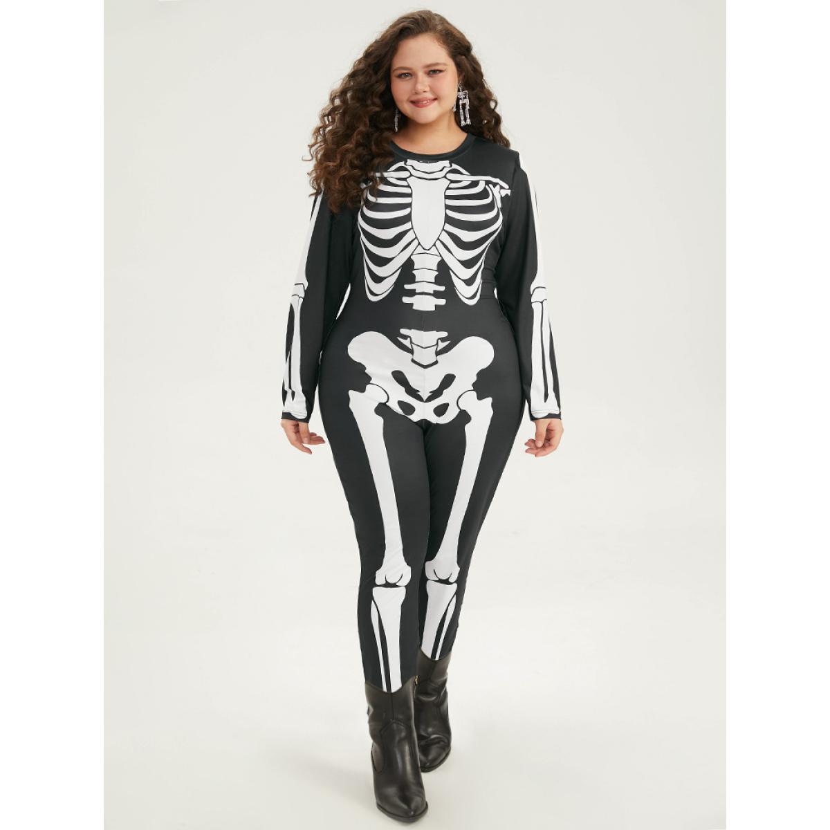 Plus Size Black Halloween Skull Print Skinny Crew Neck Jumpsuit Women Casual Long Sleeve Round Neck Festival-Halloween Loose Jumpsuits BloomChic 26/4X Product Image