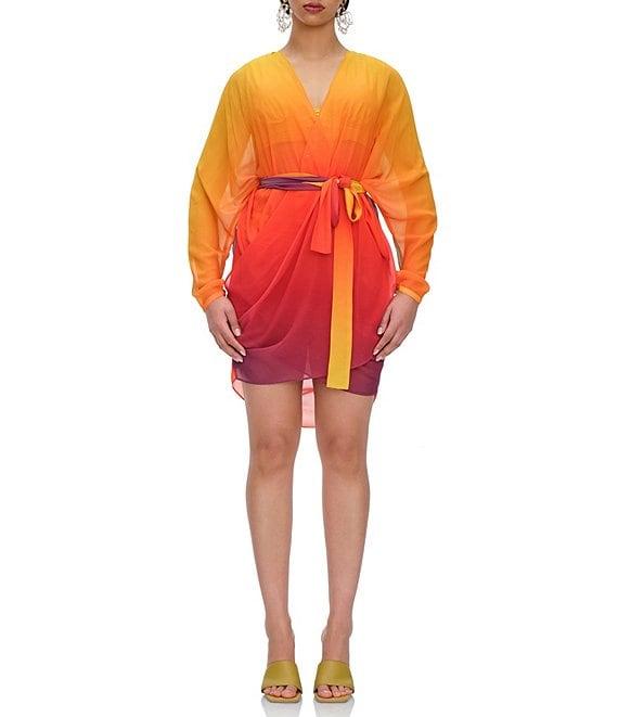 Andrea Iyamah Meli Ombre Chiffon V-Neck Long Sleeve Wrap Dress Product Image
