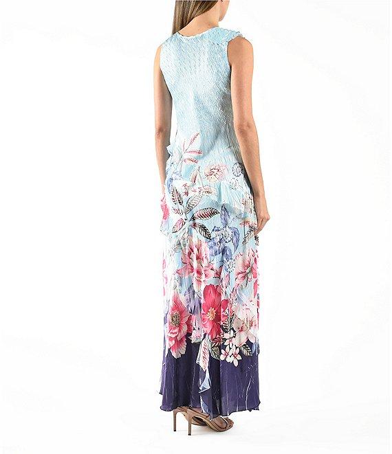 Komarov Ruffle V-neck Sleeveless Floral Print Charmeuse Maxi Dress Product Image