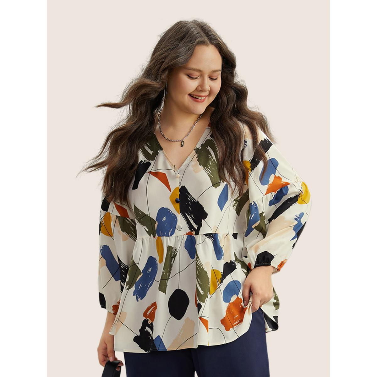 Plus Size Ivory Brush Print Button Detail Elastic Cuffs Blouse Women Playful Long Sleeve V-neck Casual Blouses BloomChic 18-20/2X Product Image