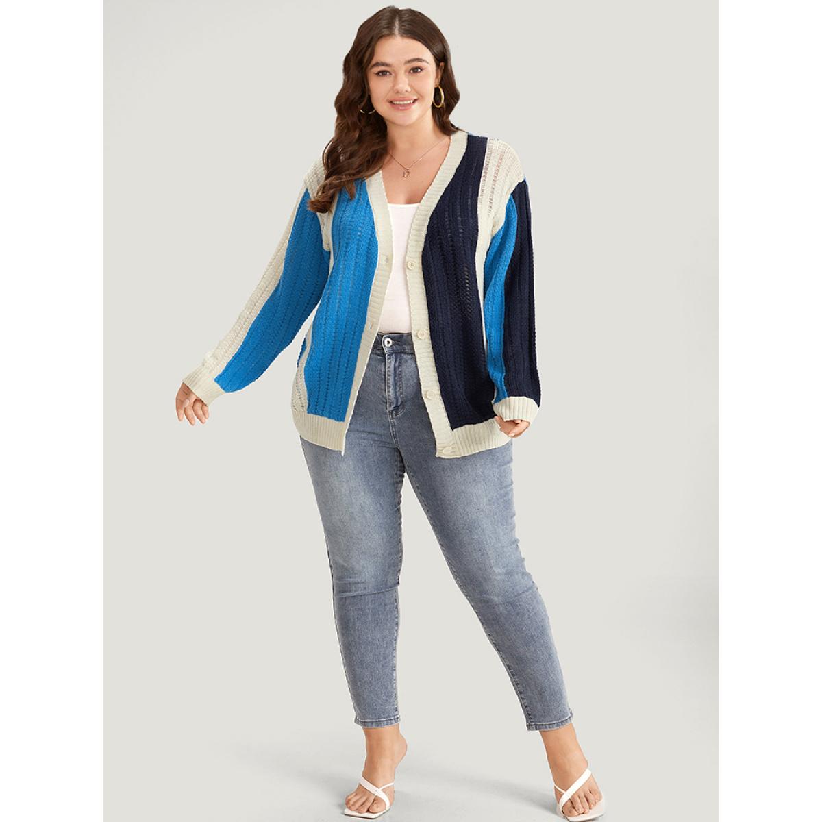 Plus Size Colorblock Contrast Button Down Drop Shoulder Cardigan Blue Women Casual Loose Long Sleeve Everyday Cardigans BloomChic 22-24/3X Product Image