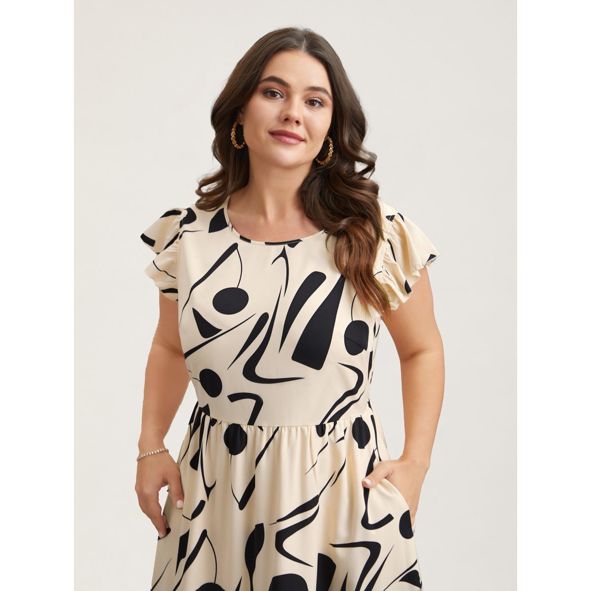 Plus Size Geometric Print Flutter Sleeve Tiered Midi Dress Apricot Women Elegant Ruffles Round Neck Cap Sleeve Curvy BloomChic 30/6X Product Image