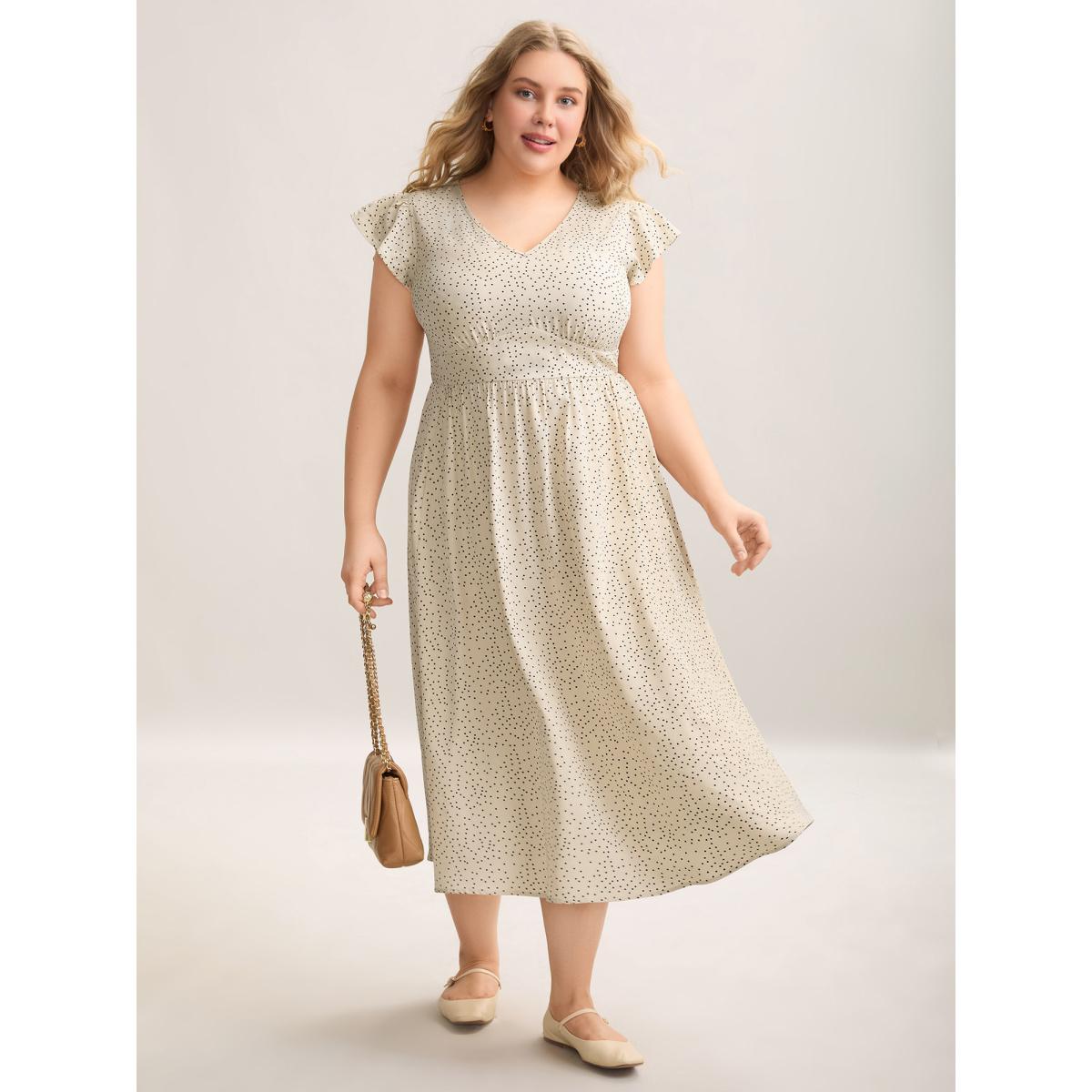 Plus Size Polka Dot Ruffled Bust-Defining Maxi Dress Beige Women At the Office Ruffles V-neck Cap Sleeve Curvy BloomChic 12/L Product Image