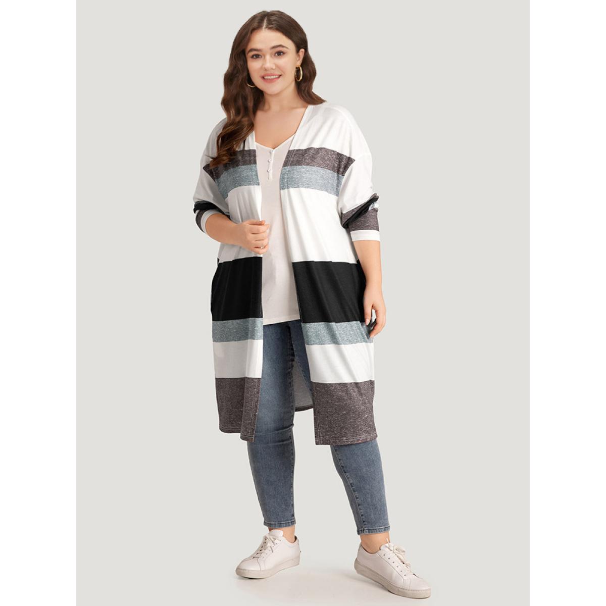 Plus Size Striped Contrast Pocket Open Front Kimono Women Multicolor Casual Contrast Loose Pocket Everyday Kimonos BloomChic 18-20/2X Product Image