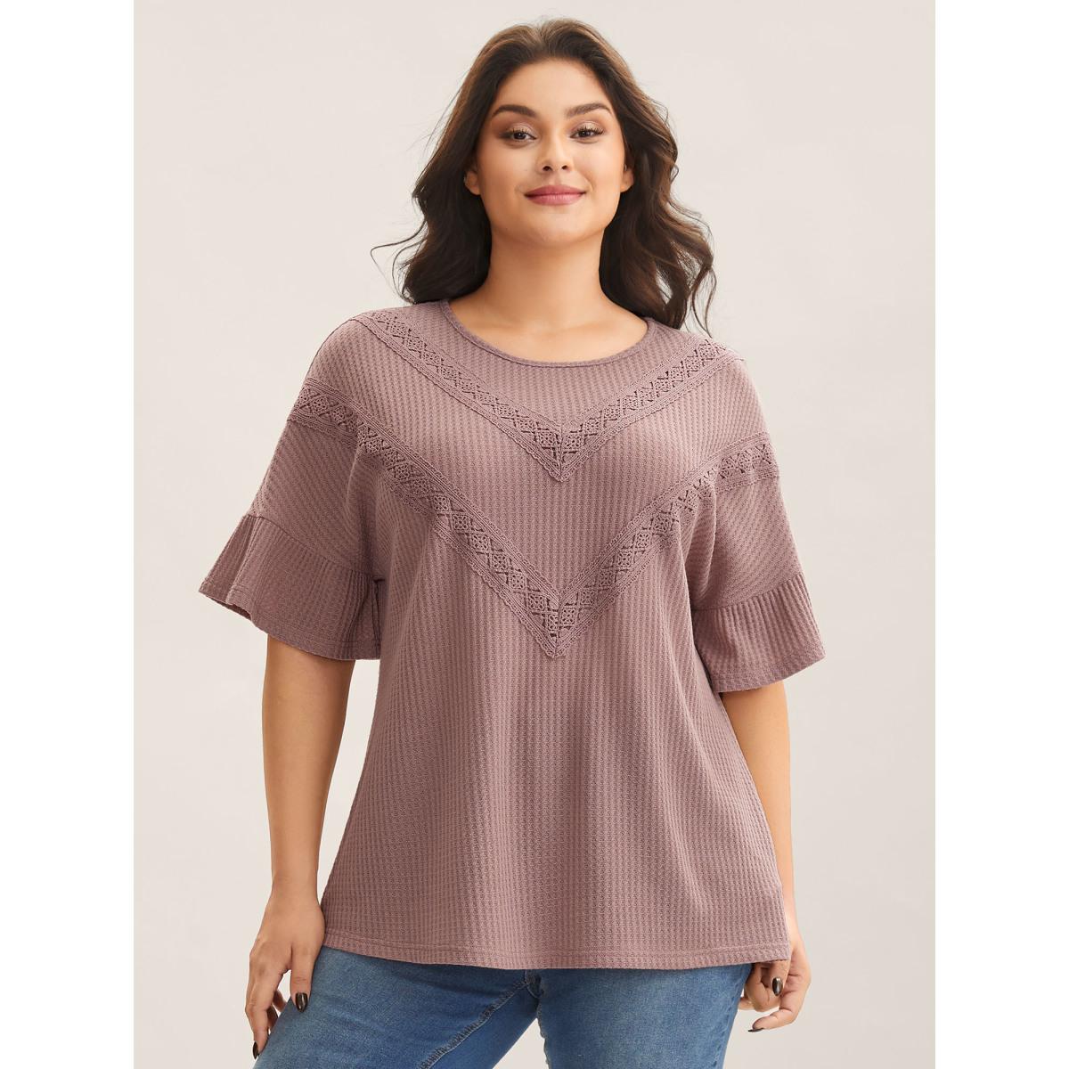 Plus Size Textured Lace Ruffled Sleeve T-Shirt Rouge Women Leisure Woven ribbon&lace trim Round Neck Casual T-shirts BloomChic 14-16/1X Product Image