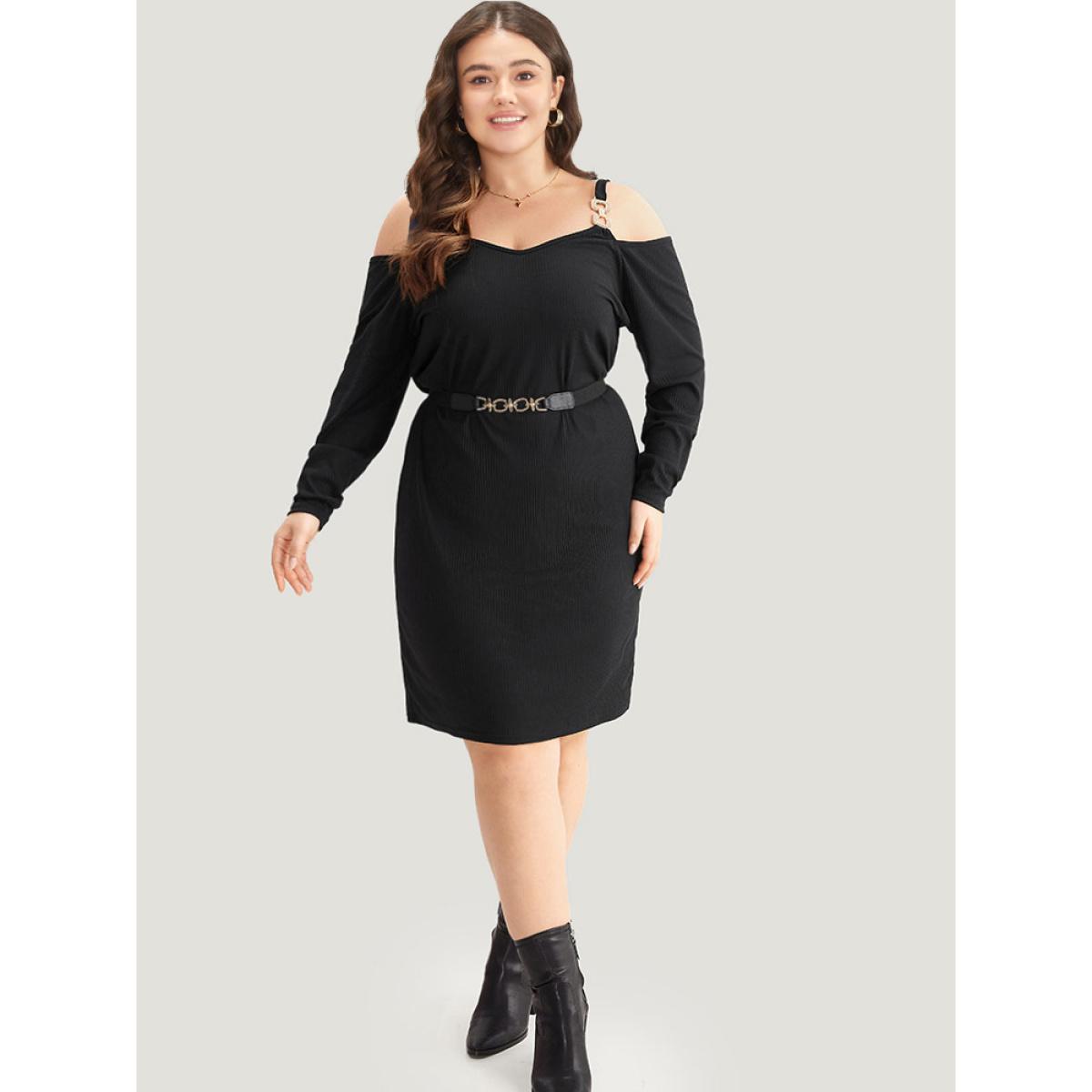 Plus Size Plain Rib Knit Metal Detail Cami Dress Black Women Casual Texture Spaghetti Strap Long Sleeve Curvy Knee Dress BloomChic 12/L Product Image