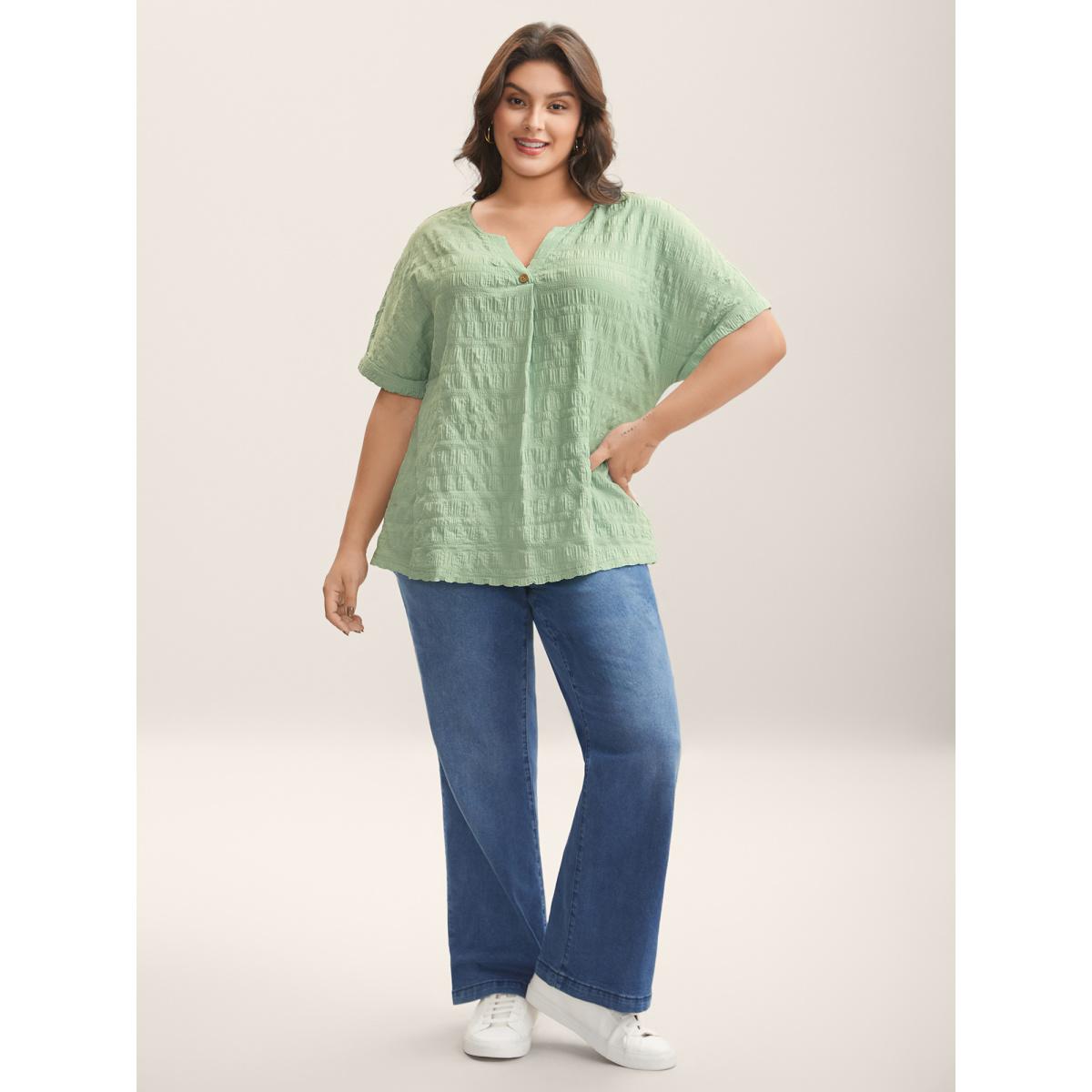 Plus Size Textured Pleated Front Button T-Shirt Greenbean Women Texture Flat collar with V-notch Everyday-Casual T-shirts BloomChic 14-16/1X Product Image