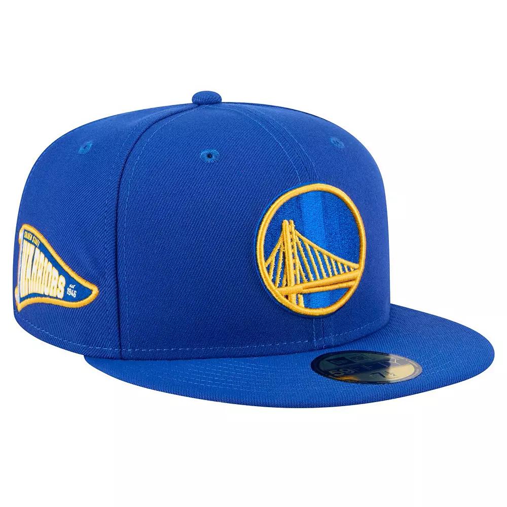 Men's New Era Royal Golden State Warriors Throwback Pennant 59FIFTY Fitted Hat, Size: 7 3/4, Blue Product Image