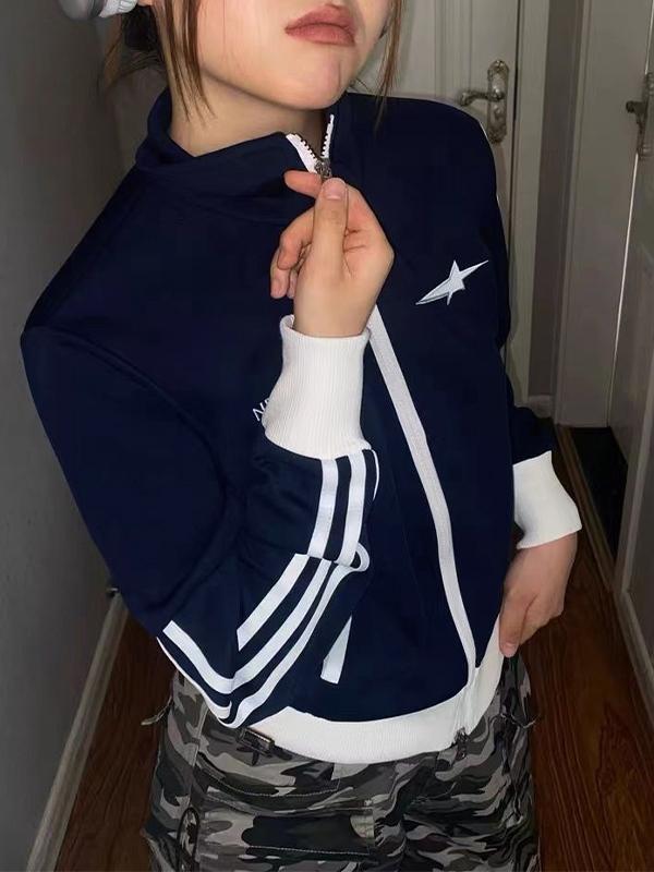 Contrast Color Embroidery Double Zipper Jacket Product Image