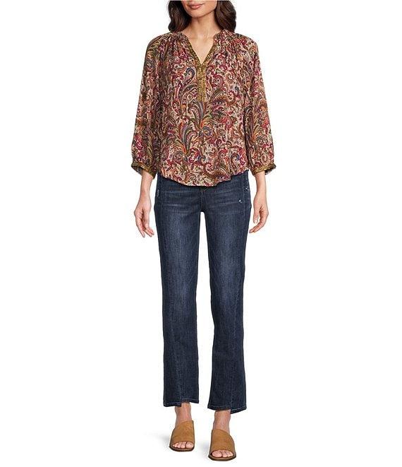 Democracy Woven Floral Paisley Split V-Neck 3/4 Sleeve Top Product Image