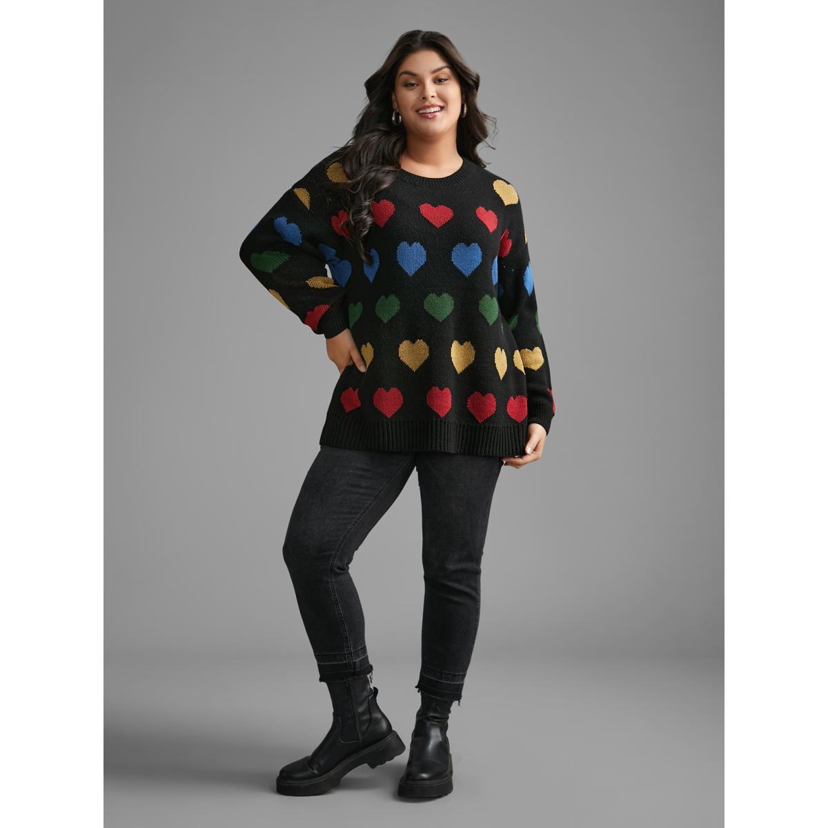 Plus Size Colored Heart Drop Shoulder Sleeve Pullover Black Women Casual Loose Long Sleeve Round Neck Everyday Pullovers BloomChic 26/4X Product Image