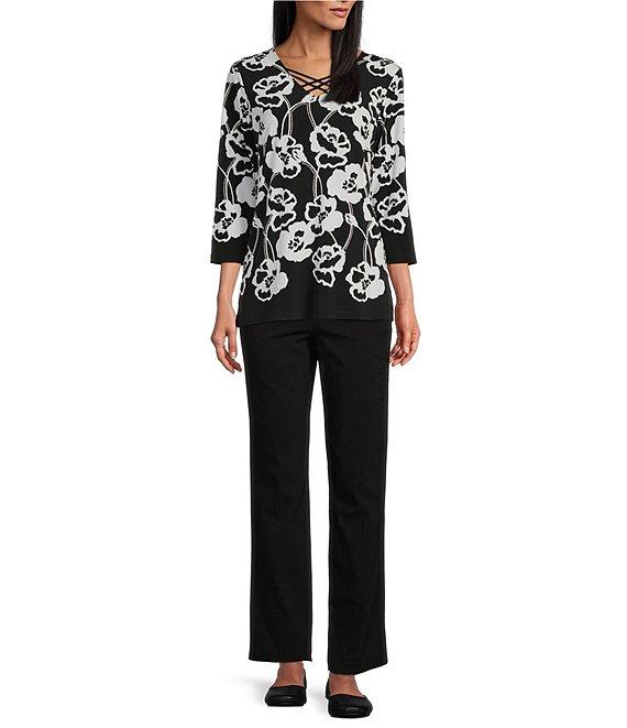 Allison Daley Petite Size Floral Print 3/4 Sleeve Criss Cross V-Neck Knit Top Product Image