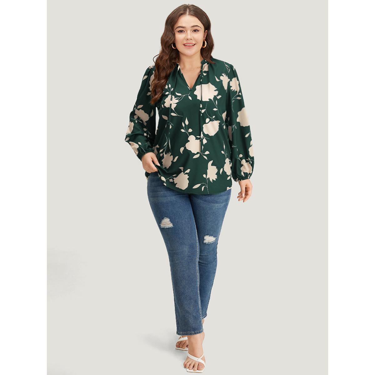 Plus Size DarkGreen Silhouette Floral Print Stand Collar Tie Neck Blouse Women Elegant Long Sleeve Tie Neck Dailywear Blouses BloomChic 26/4X Product Image