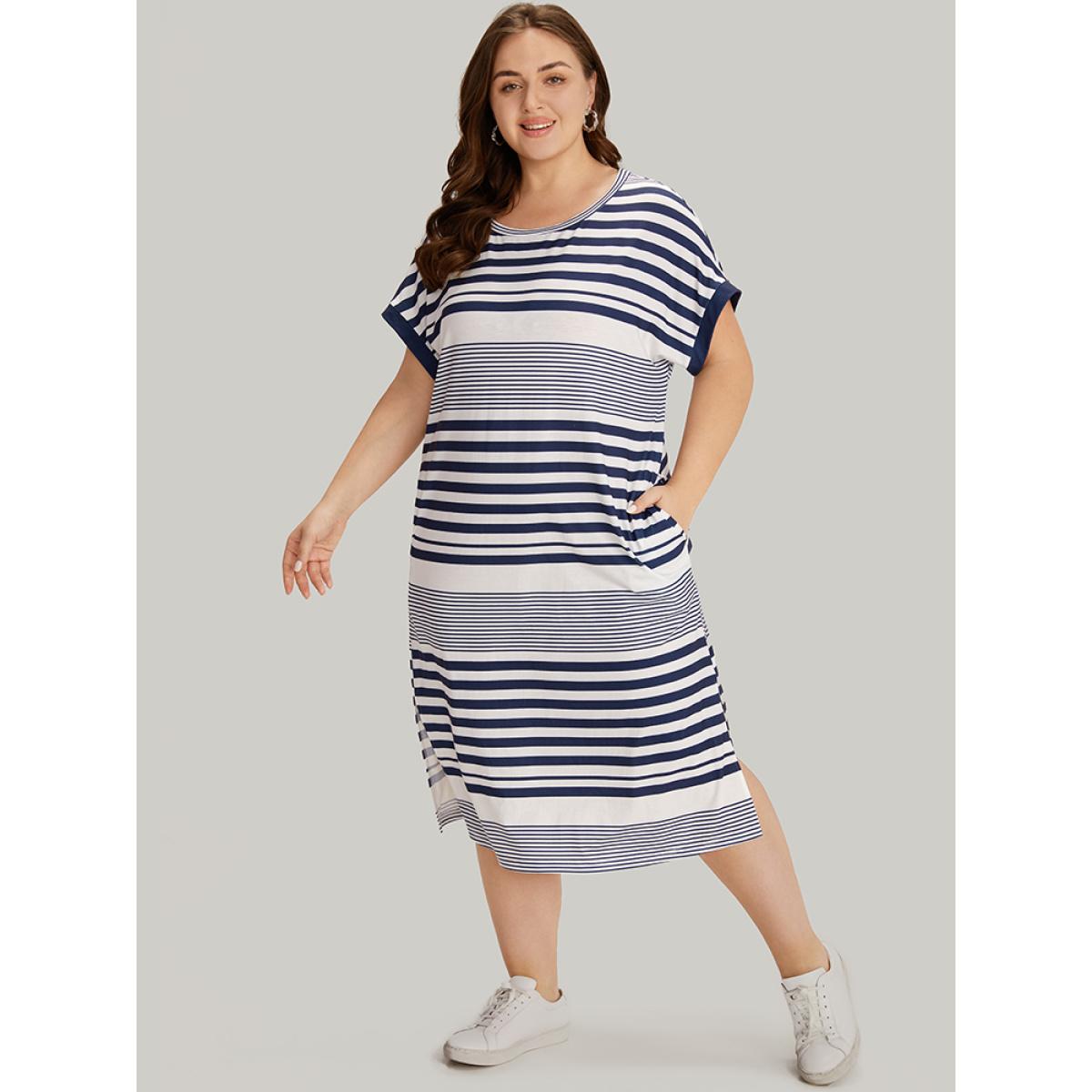 Plus Size Striped Print Dolman Sleeve Split Hem Pocket Dress Blue Women Casual Pocket Round Neck Short sleeve Curvy Midi Dress BloomChic 30/6X Product Image
