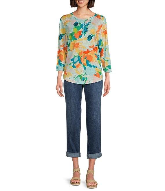 Westbound Paradise Floral 3/4 Sleeve Knit Crew Neck Top Product Image