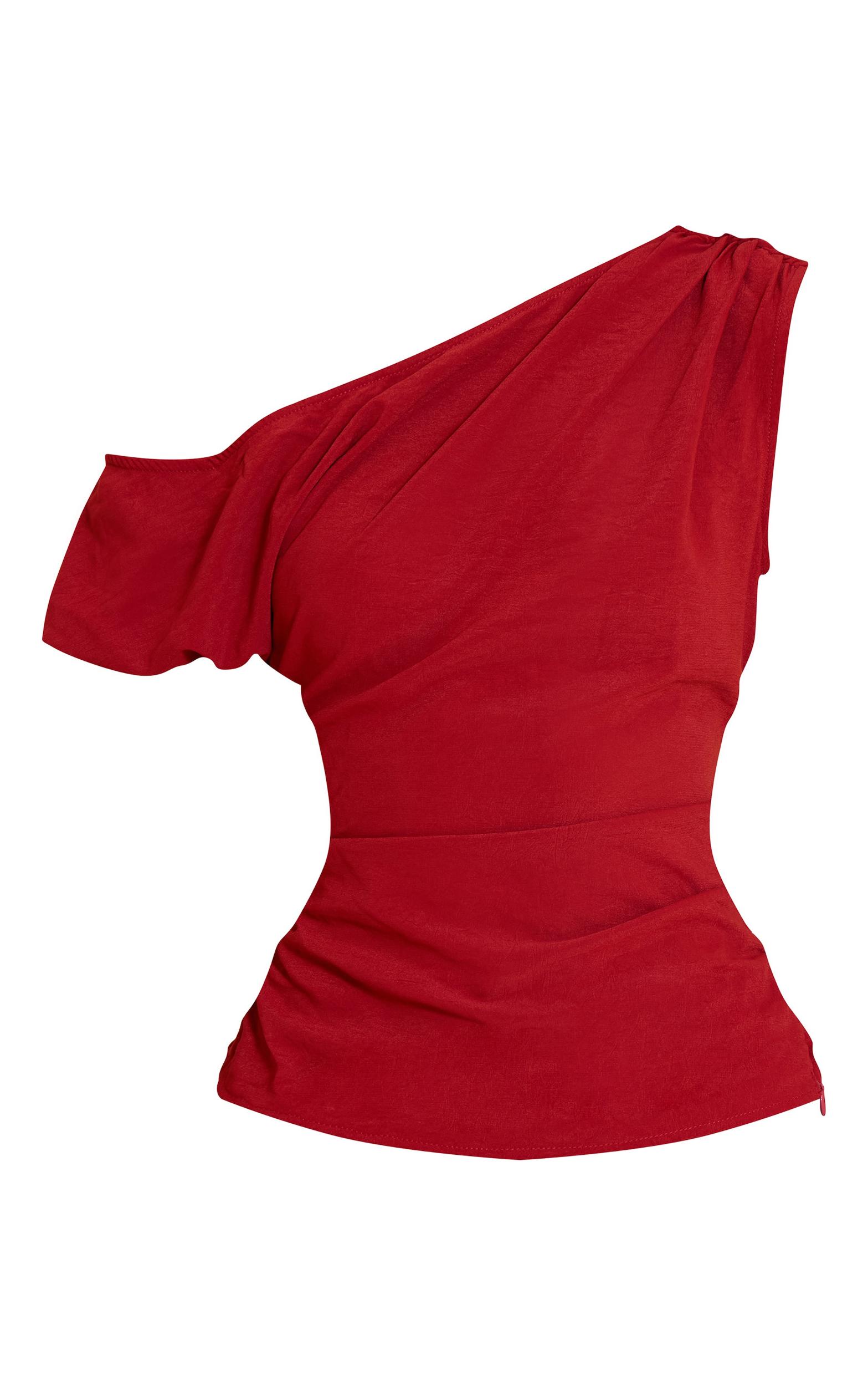 Deep Red Floaty Woven Ruched One Shoulder Top Product Image