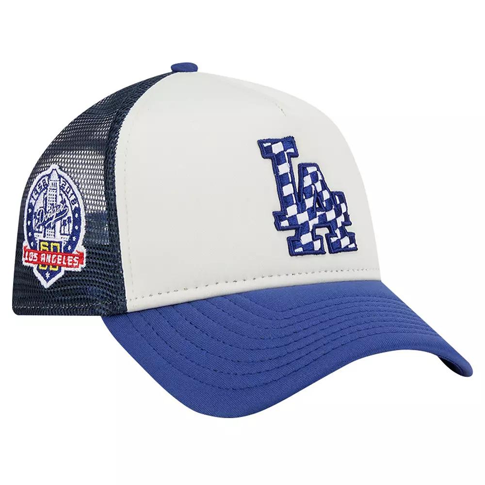 Men's New Era White/Royal Los Angeles Dodgers Checkered Flag A-Frame Trucker 9FORTY Adjustable Hat Product Image
