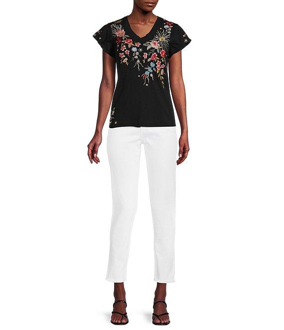 JOHNNY WAS Lissa Embroidered Floral Print Cotton Knit Jersey V-Neck Short Flutter Sleeve Tee Shirt Product Image