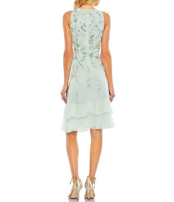 Mac Duggal Embellished Chiffon Crew Neck Sleeveless Ruffle Hem Shift Mini Dress Product Image