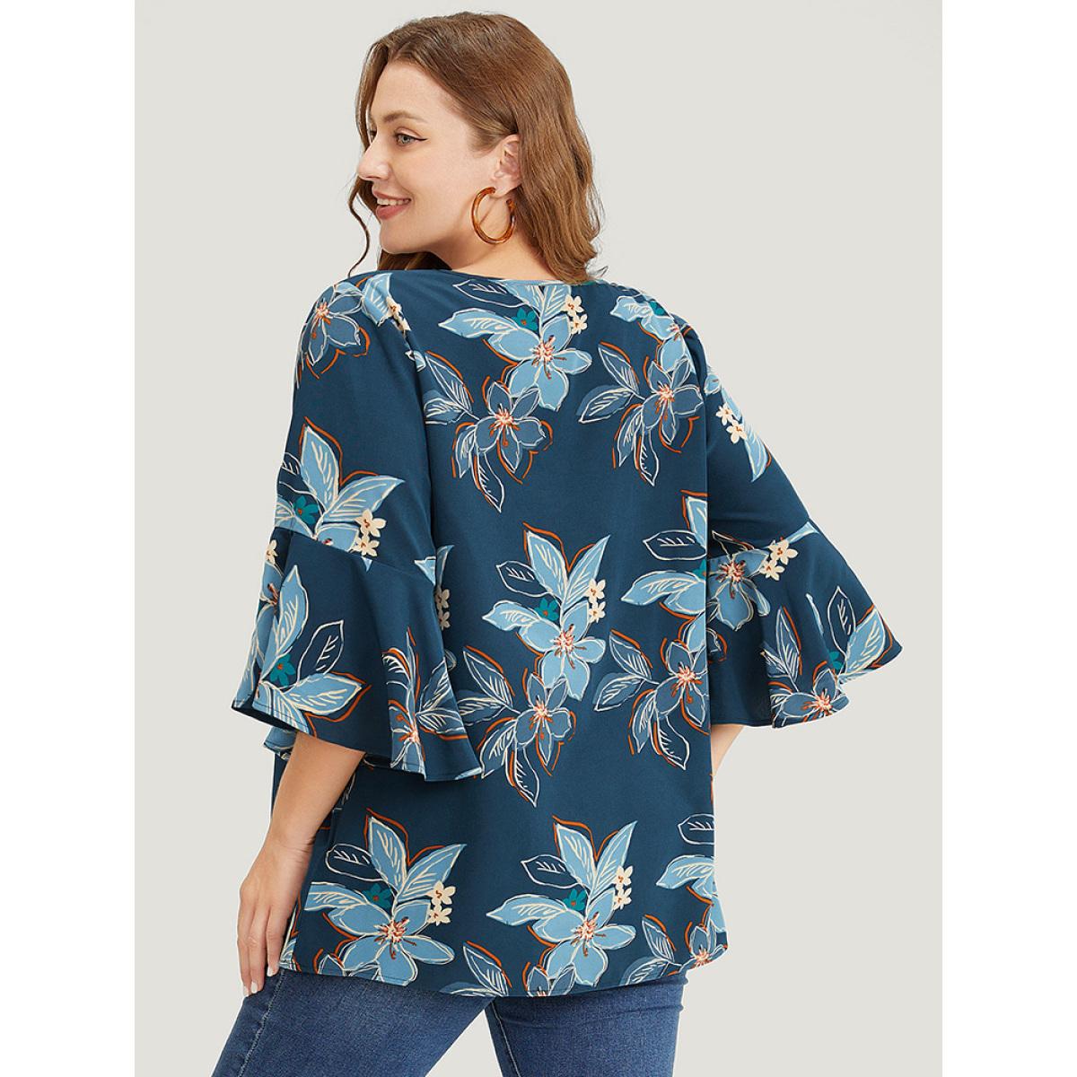Plus Size Aegean Floral Print Keyhole Neck Split Bell Sleeve Blouse Women Elegant Elbow-length sleeve Round Neck Dailywear Blouses BloomChic 18-20/2X Product Image