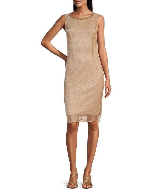 Le Bos Metallic Fortuny Round Neck 3/4 Sleeves Pearl Rhinestone Peplum 2-Piece Jacket Dress Product Image