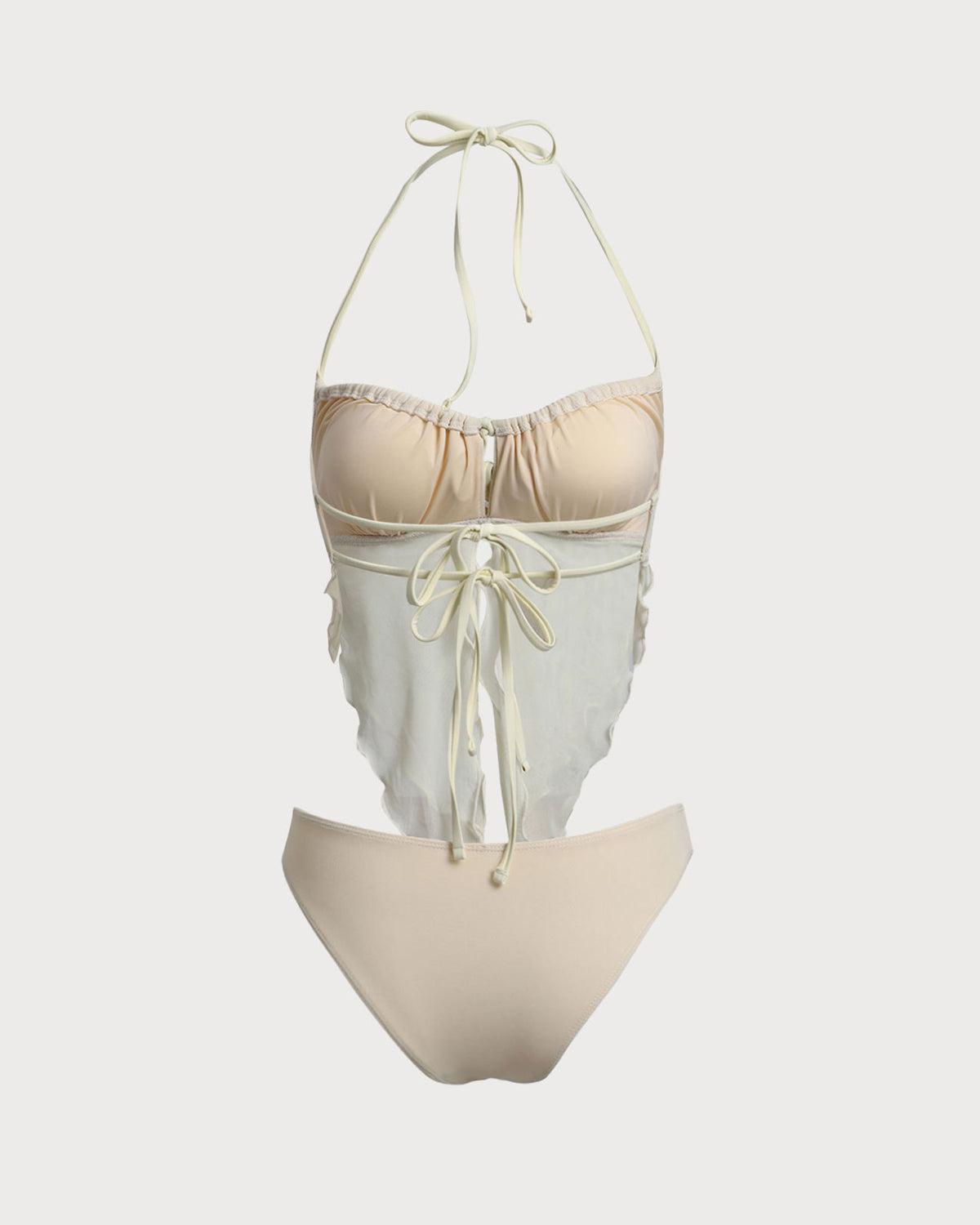 White Mesh Ruched Tankini Swimsuit Product Image