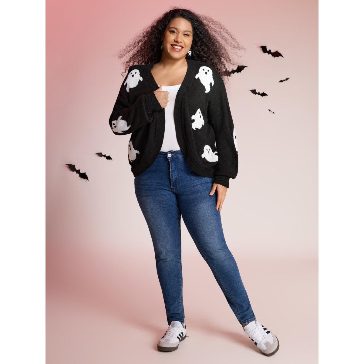 Plus Size Happy Ghost Jacquard Arc Cardigan Black Women Playful Loose Long Sleeve Casual Cardigans BloomChic 22-24/3X Product Image