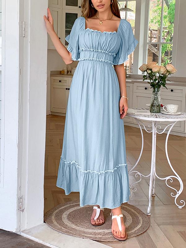 A-Line High Waisted Pleated Ruffle Trim Split-Joint Zipper Square-Neck Midi Dresses Product Image