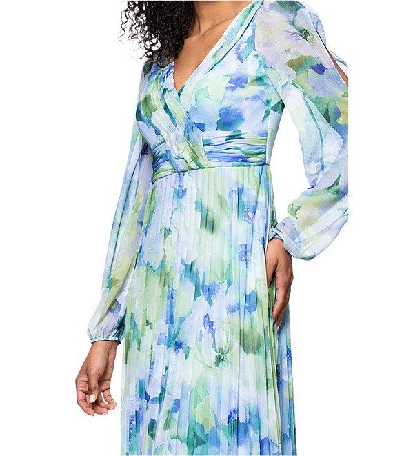 Betsy & Adam Pleated Chiffon Floral Print V-Neck Long Sleeve Fit and Flare Gown Product Image