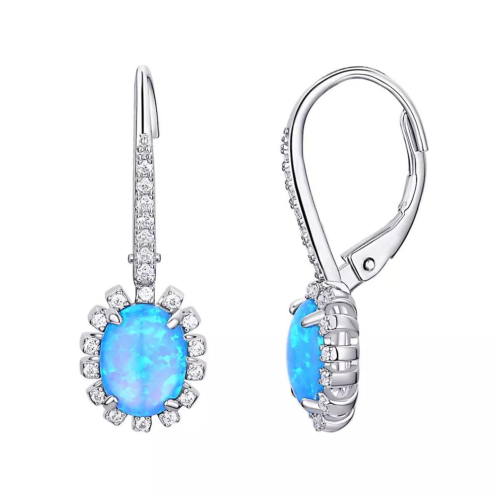 Eco Silver Luxe Sterling Silver Simulated Opal Cubic Zirconia Oval Halo Leverback Earrings, Women's Product Image