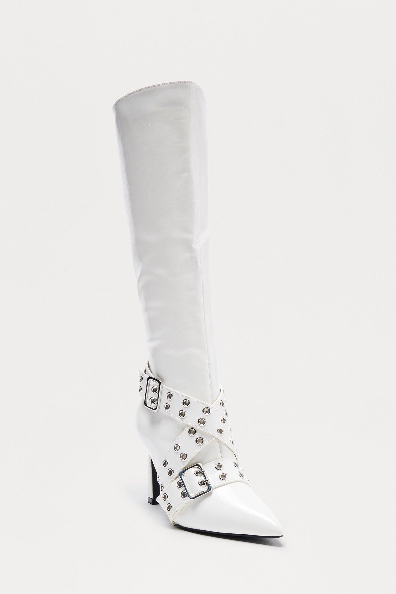 Olive Buckle Knee High Boots - White Female Product Image