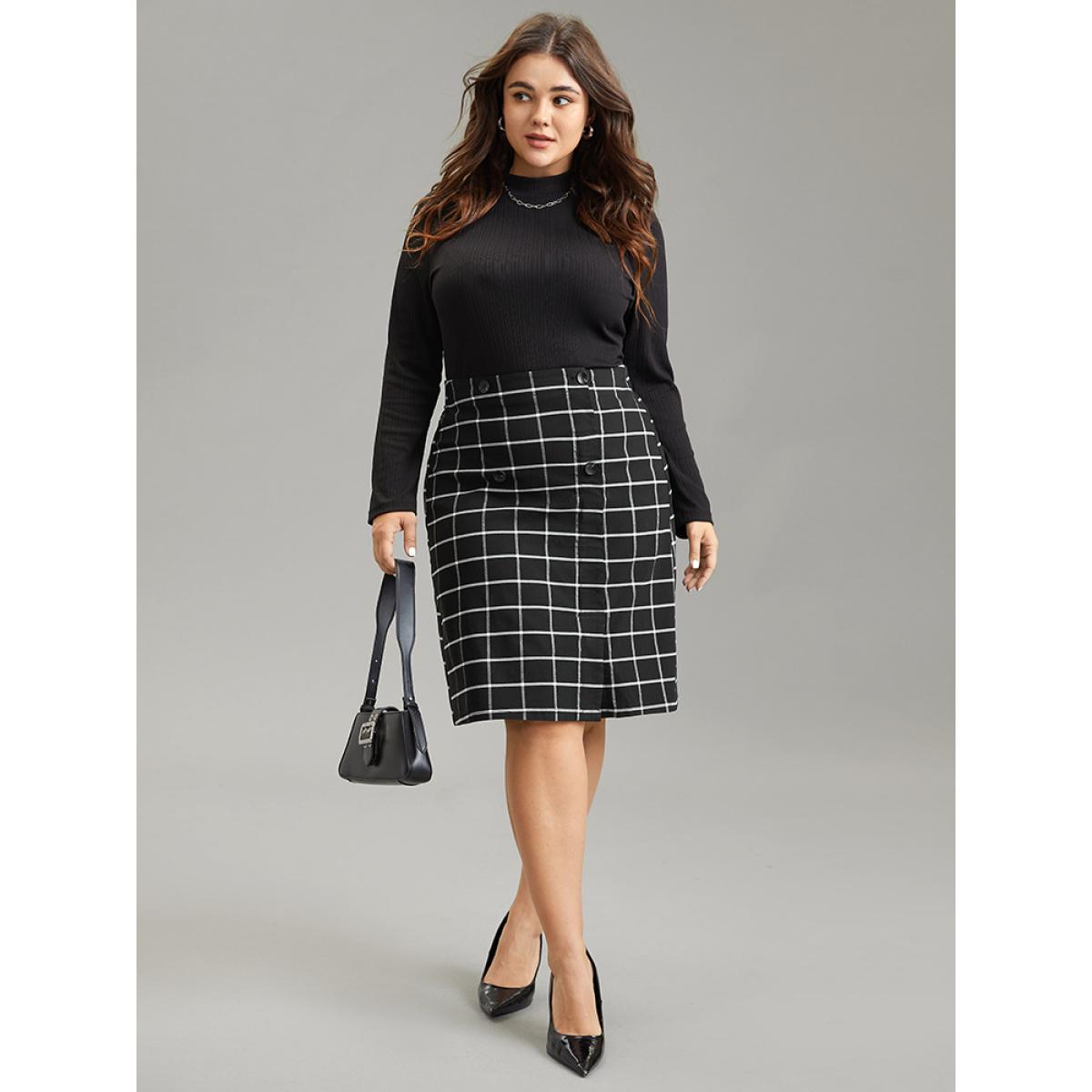 Plus Size Plaid Button Detail Elastic Waist Skirt Women Black Office Elastic Waist Bodycon Low stretch Work Skirts BloomChic 22-24/3X Product Image