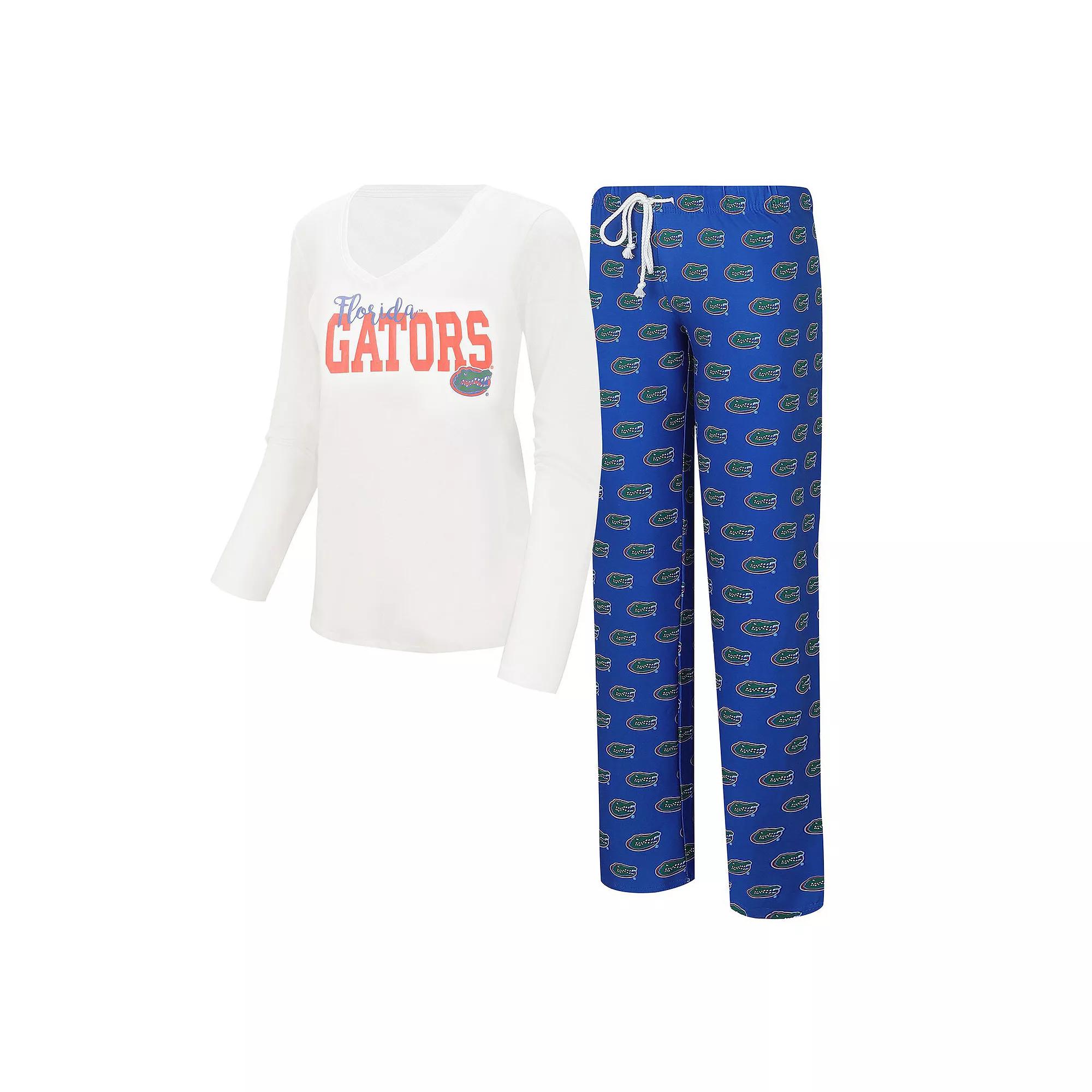 Women's Concepts Sport  White/Royal Florida Gators Long Sleeve V-Neck T-Shirt & Gauge Pants Sleep Set, Size: XL Product Image