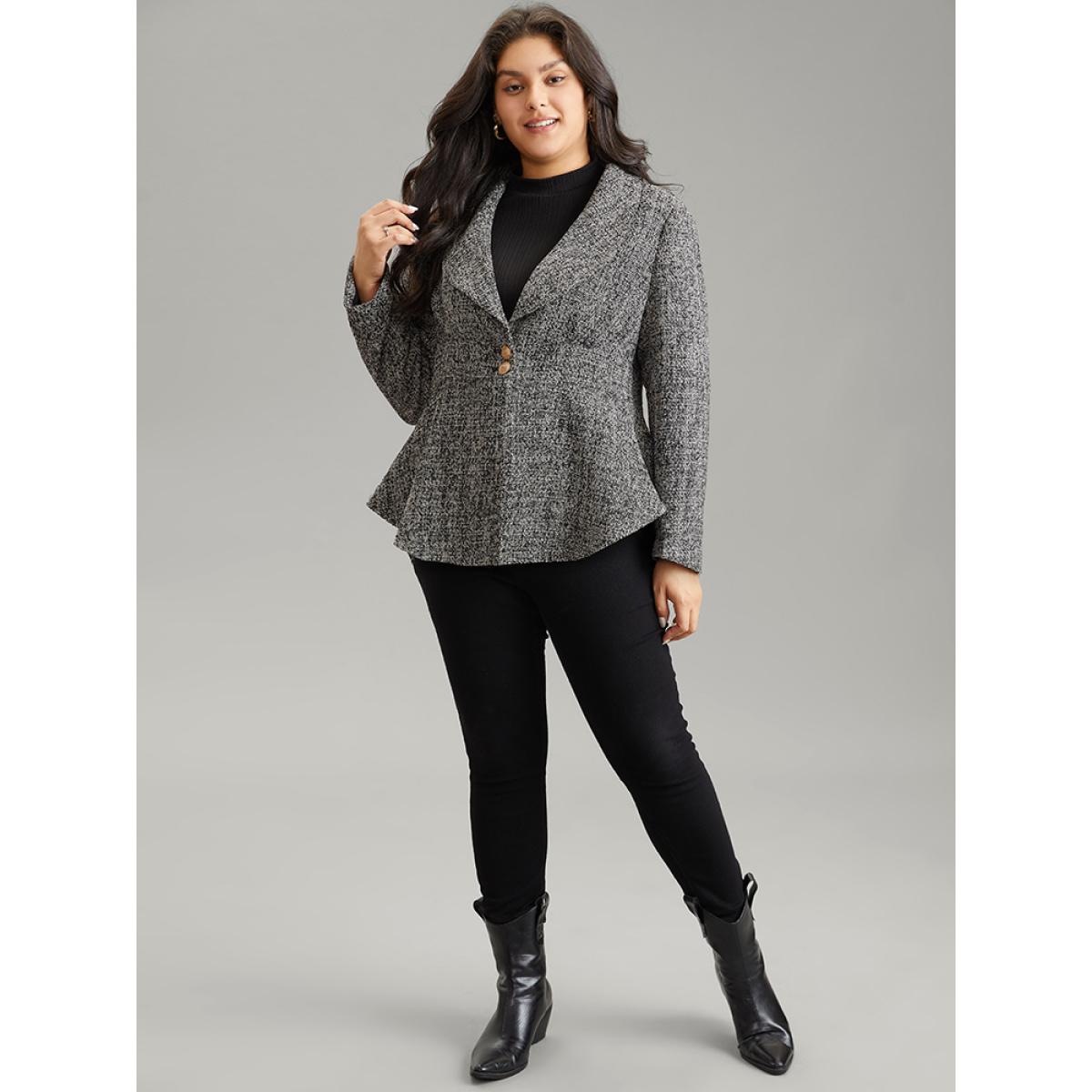 Plus Size Solid Texture Suit Collar Buckle Detail Blazer Black Women Office Plain Texture Sleeve Long Sleeve Suit Collar 10/M At the Office Blazers BloomChic Product Image