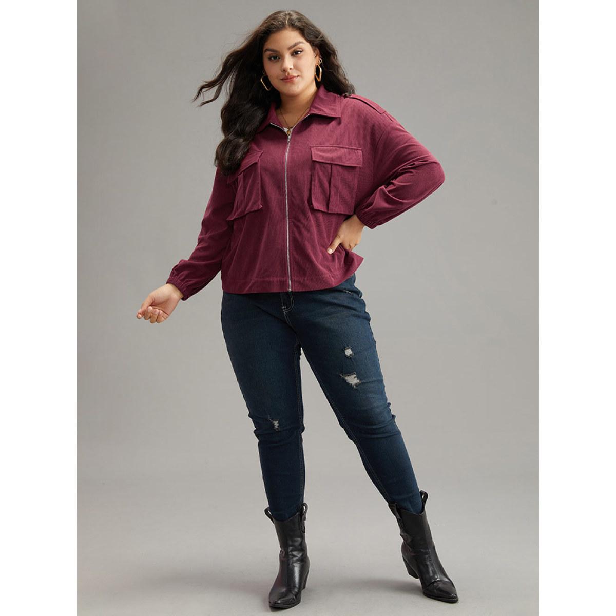 Plus Size Plain Pocket Zipper Elastic Cuffs Jacket Women Scarlet Elastic cuffs Pocket Dailywear Jackets BloomChic 10/M Product Image