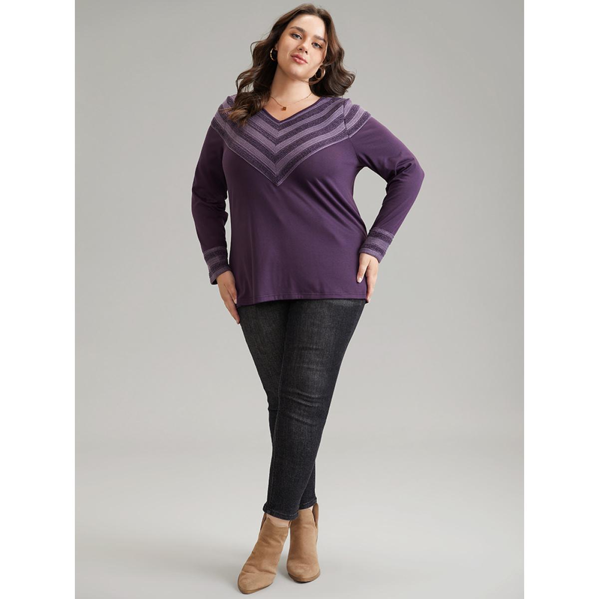 Plus Size V Neck Solid Patchwork Knit T-shirt Purple Women Casual Patchwork Plain V-neck Everyday T-shirts BloomChic 26/4X Product Image